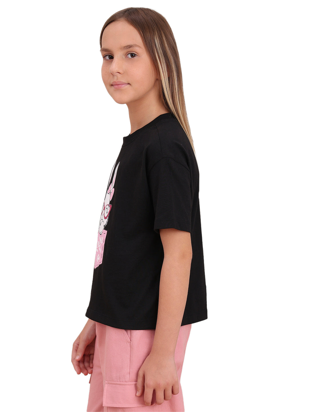 Jet Black Quirky Graphic Cotton T-Shirt with Round Neck for Girls
