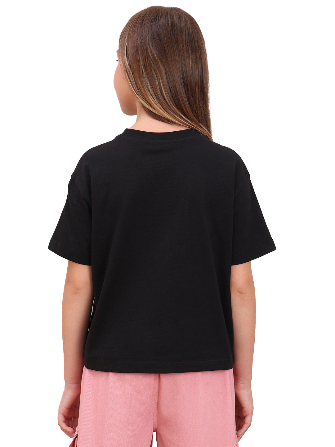 Jet Black Quirky Graphic Cotton T-Shirt with Round Neck for Girls