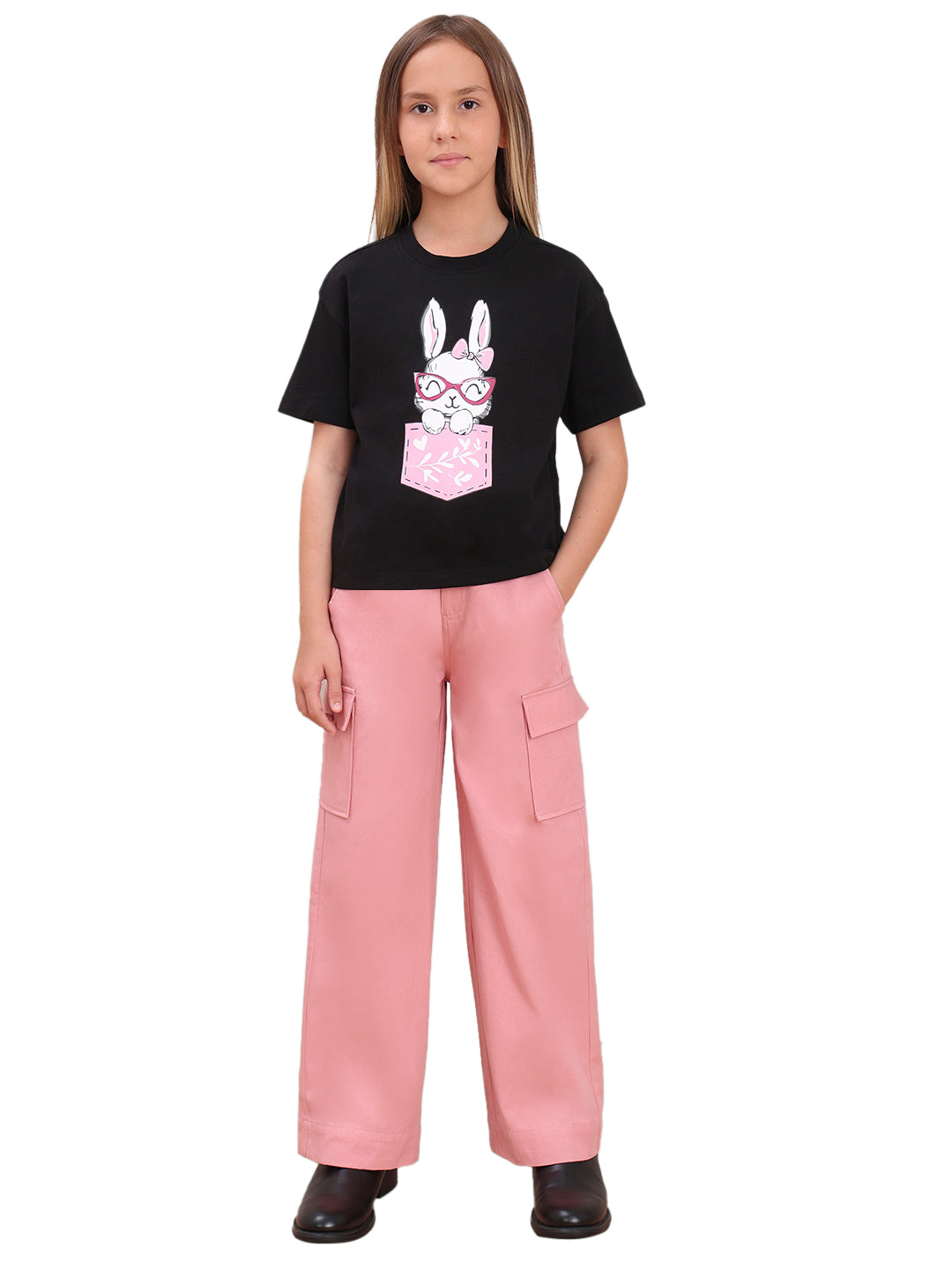 Jet Black Quirky Graphic Cotton T-Shirt with Round Neck for Girls