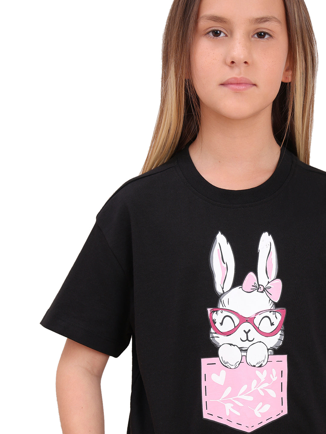 Jet Black Quirky Graphic Cotton T-Shirt with Round Neck for Girls