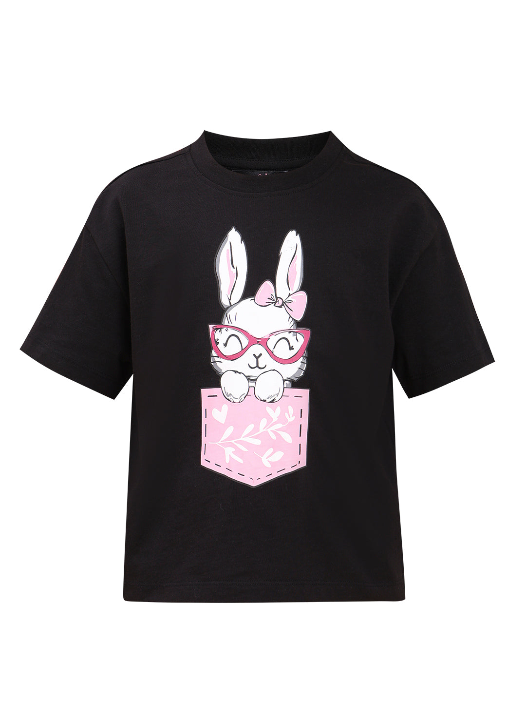 Jet Black Quirky Graphic Cotton T-Shirt with Round Neck for Girls