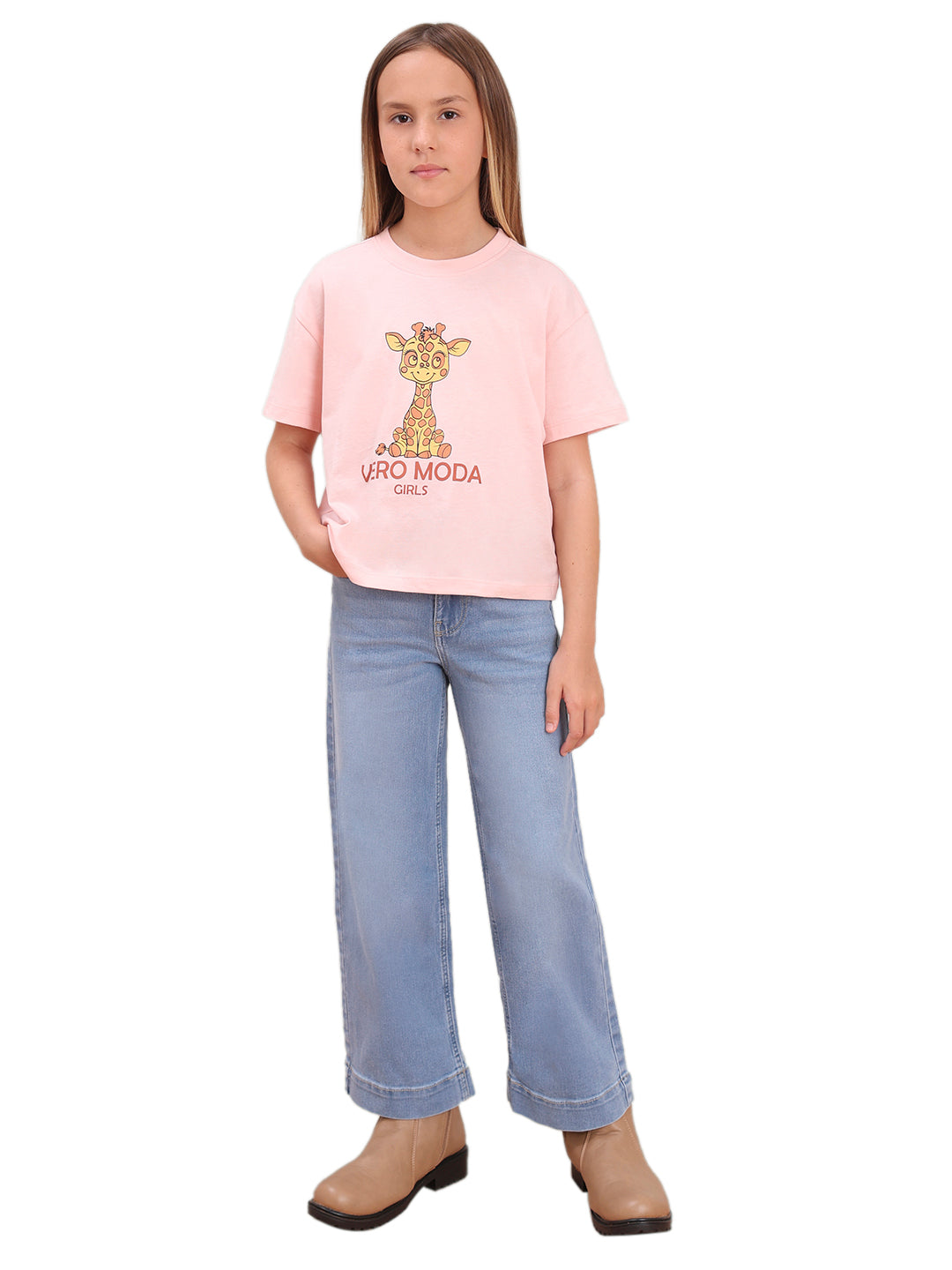 English Rose Giraffe Print Cotton T-Shirt for Girls
