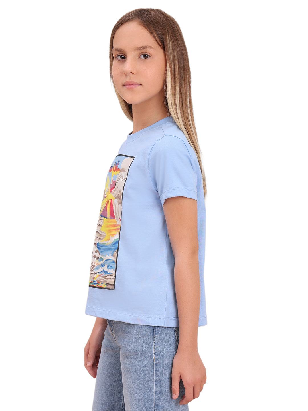 Open Air Artwork Print Cotton T-Shirt with Round Neck for Girls