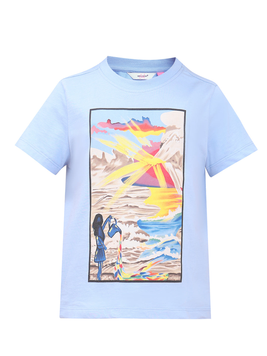 Open Air Artwork Print Cotton T-Shirt with Round Neck for Girls