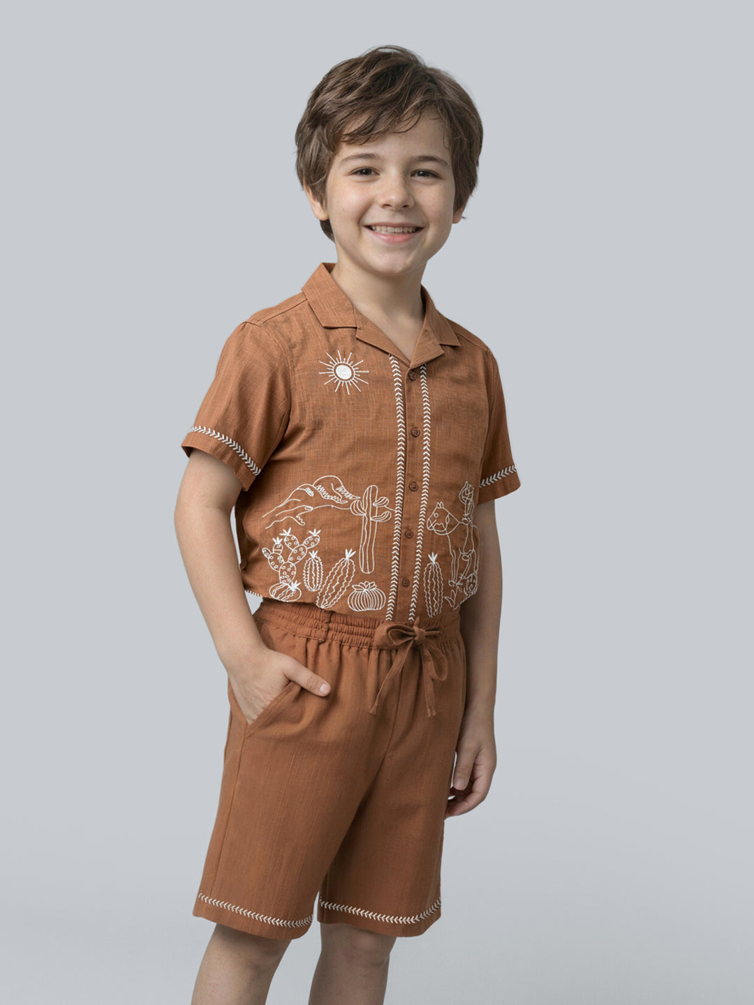 Boys Cotton Embroidered Shorts with Drawstring Waist