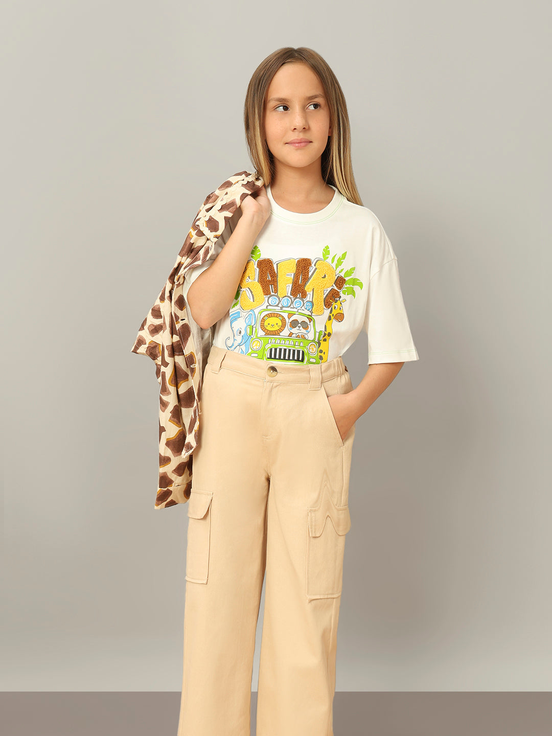 Cloud Dancer Printed Cotton T-Shirt with Round Neck for Girls