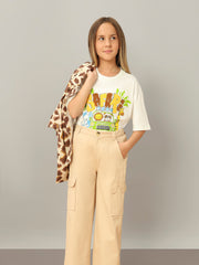 Cloud Dancer Printed Cotton T-Shirt with Round Neck for Girls