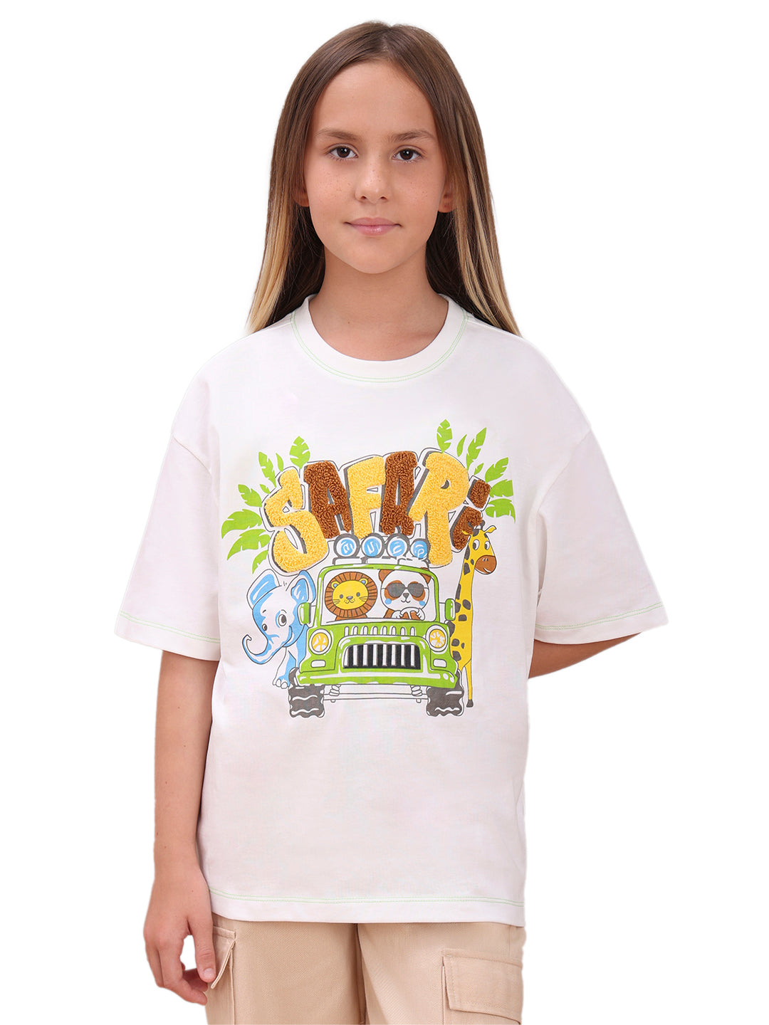 Cloud Dancer Printed Cotton T-Shirt with Round Neck for Girls