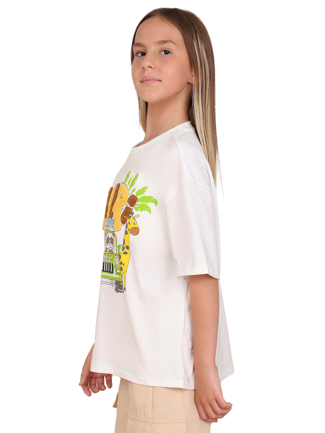 Cloud Dancer Printed Cotton T-Shirt with Round Neck for Girls