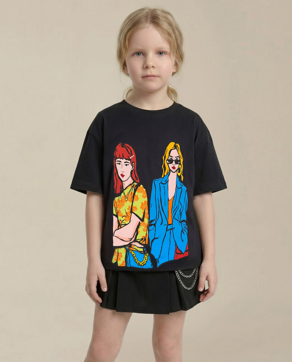 Girls Jet Black Roomy Fit Casual T-Shirt