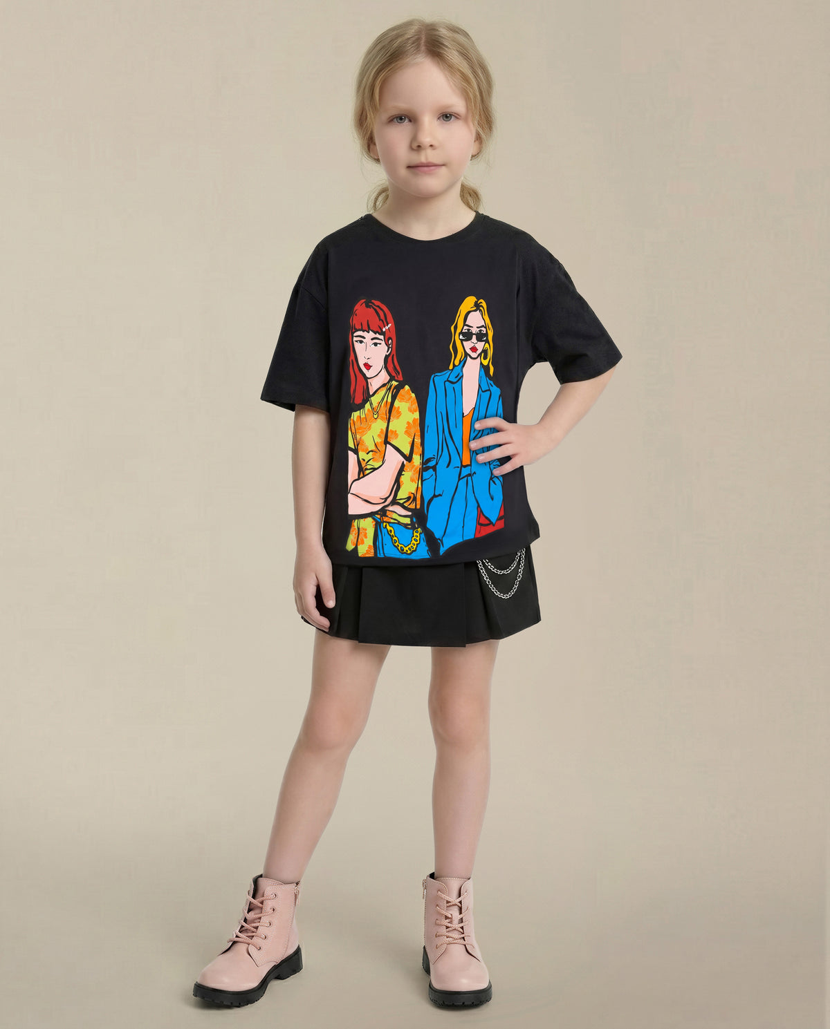 Girls Jet Black Roomy Fit Casual T-Shirt