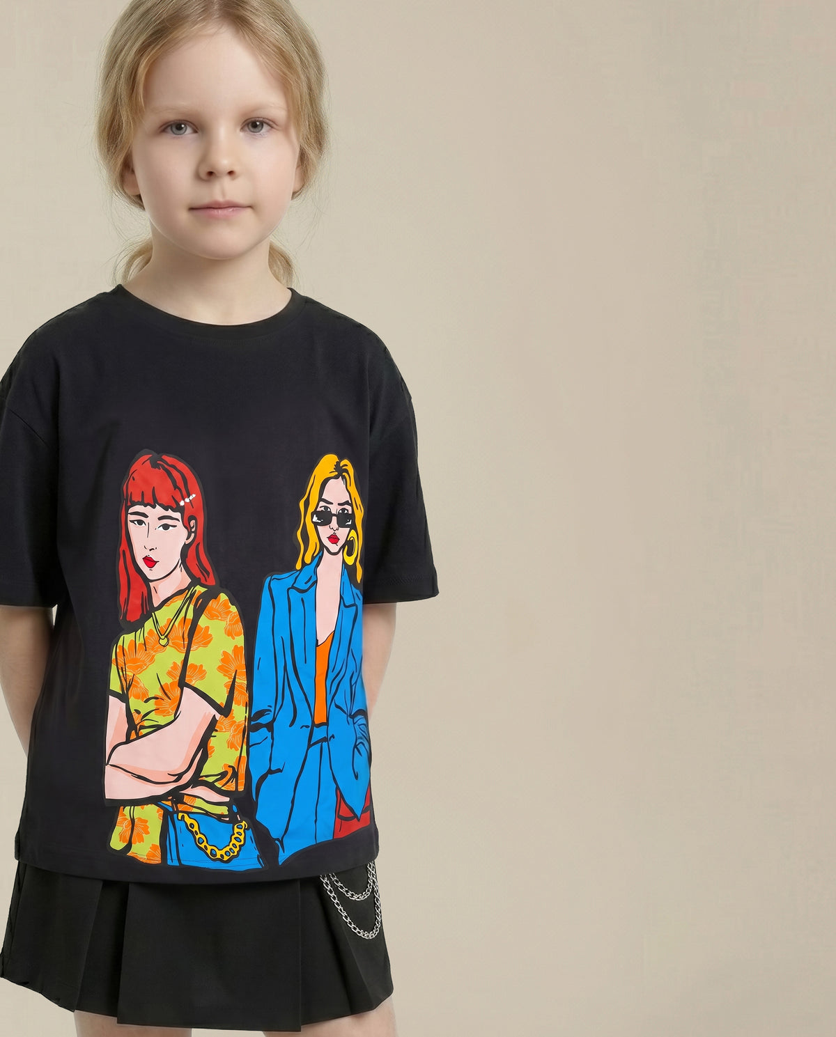 Girls Jet Black Roomy Fit Casual T-Shirt