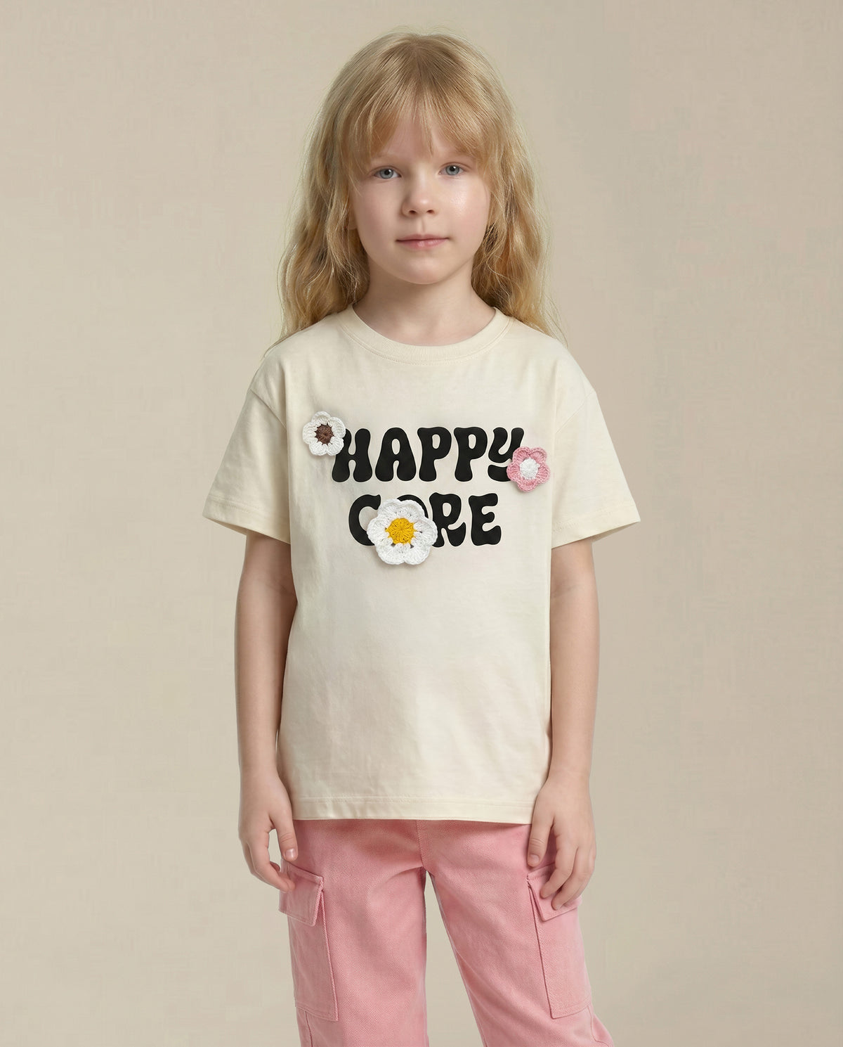 Girls Ecru Casual Short Sleeve T-Shirt