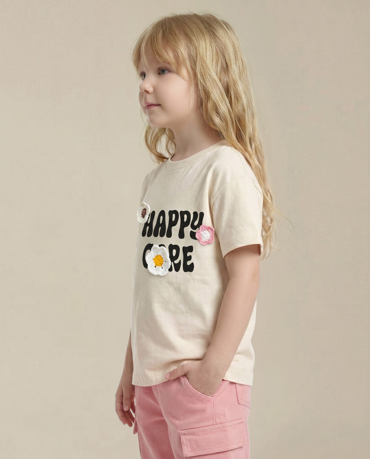 Girls Ecru Casual Short Sleeve T-Shirt