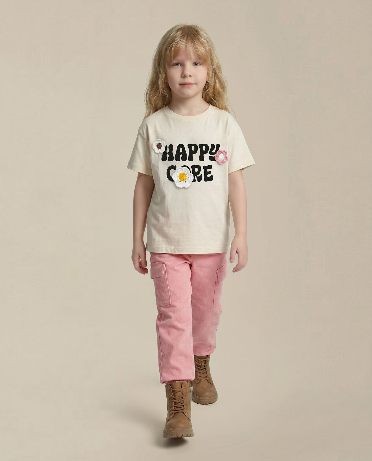 Girls Ecru Casual Short Sleeve T-Shirt