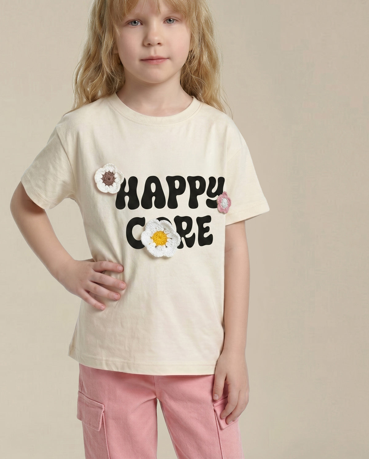 Girls Ecru Casual Short Sleeve T-Shirt