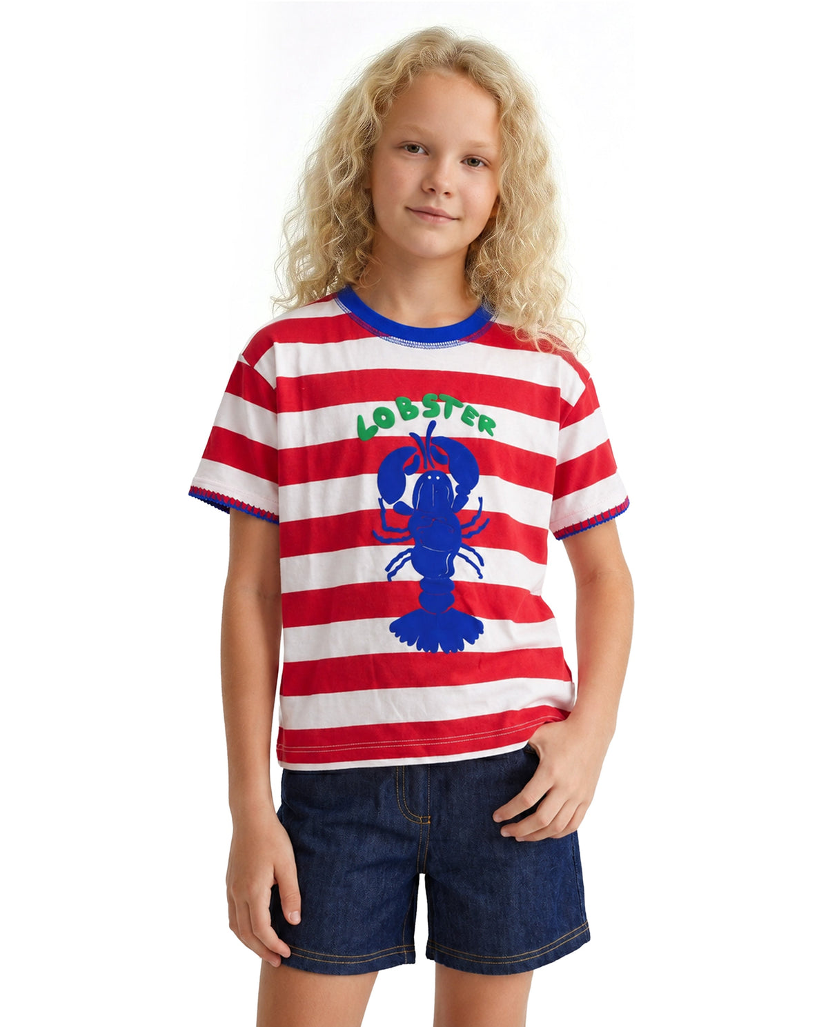 Girls Lobster Red Striped Regular Fit T-Shirt
