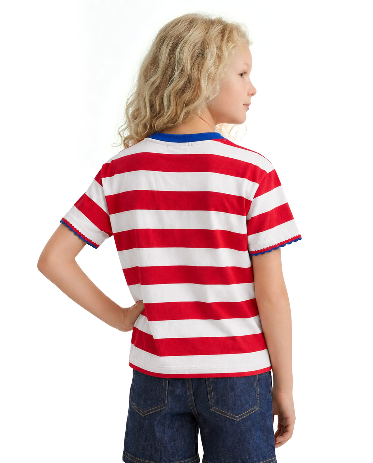 Girls Flame Scarlet Striped Regular-Fit Cotton T-Shirt