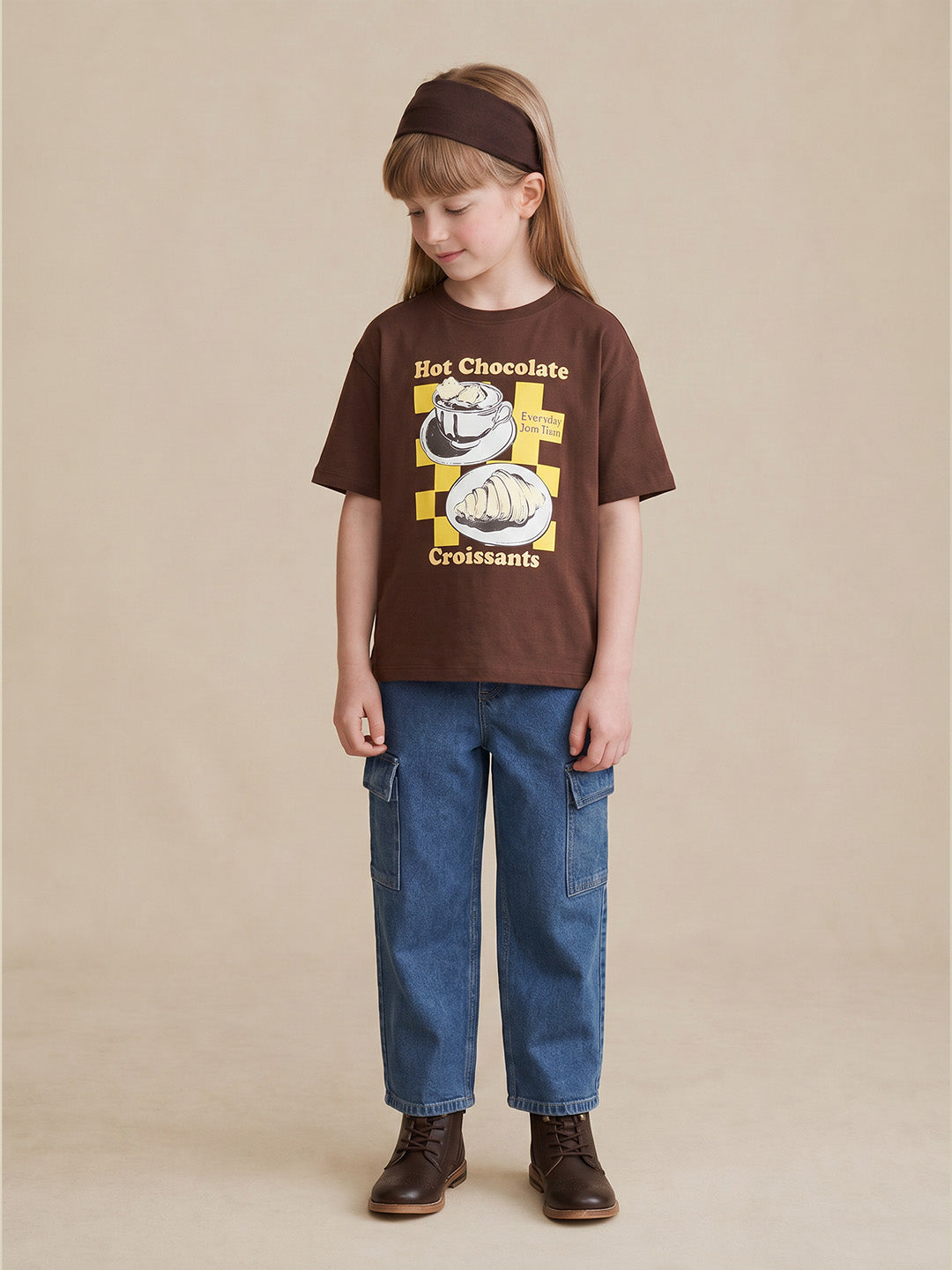 Girls Choco Brown Printed Regular Fit T-Shirt