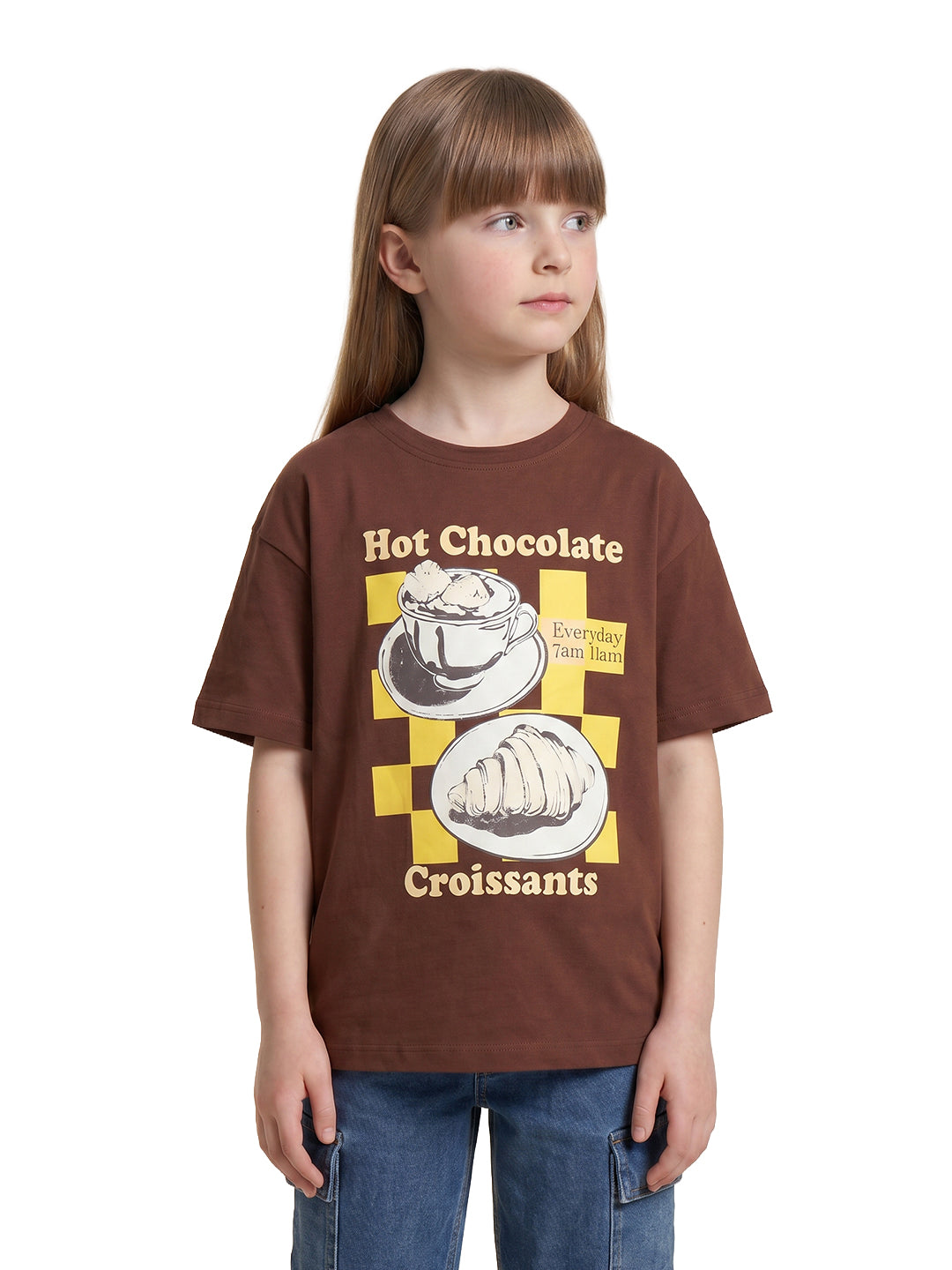 Girls Choco Brown Printed Regular Fit T-Shirt