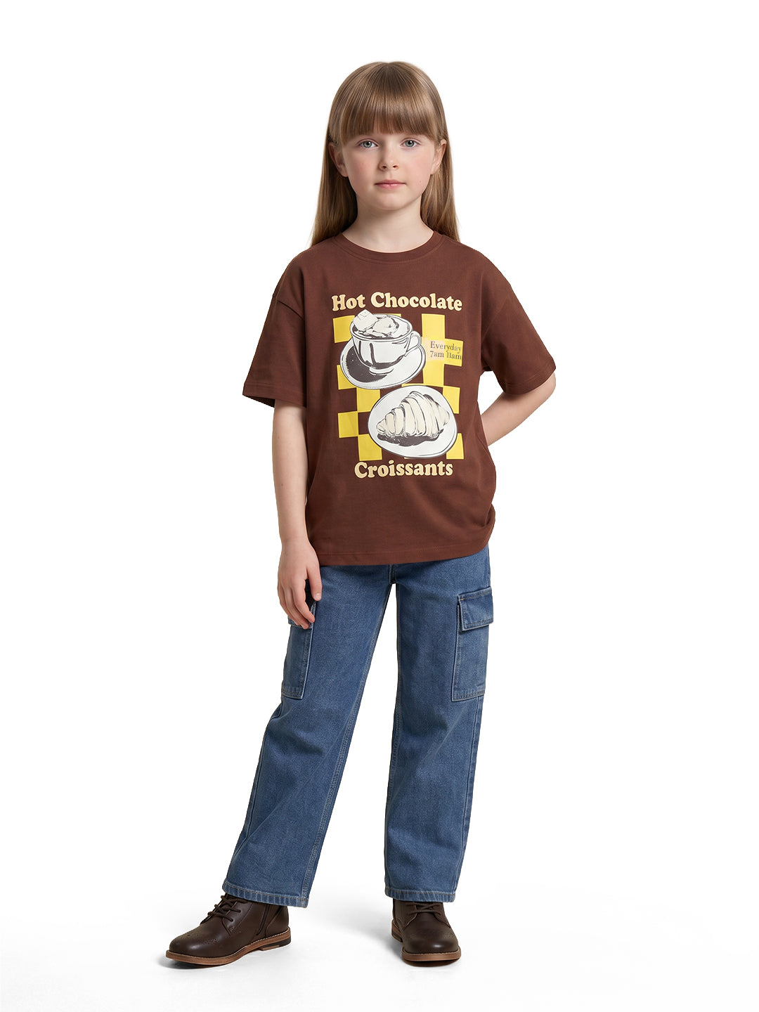 Girls Choco Brown Printed Regular Fit T-Shirt