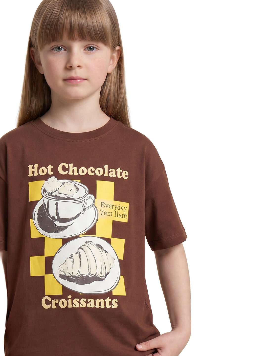 Girls Choco Brown Printed Regular Fit T-Shirt