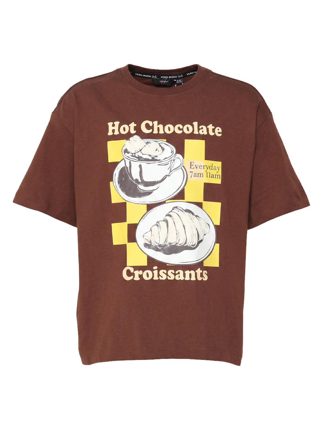 Girls Choco Brown Printed Regular Fit T-Shirt