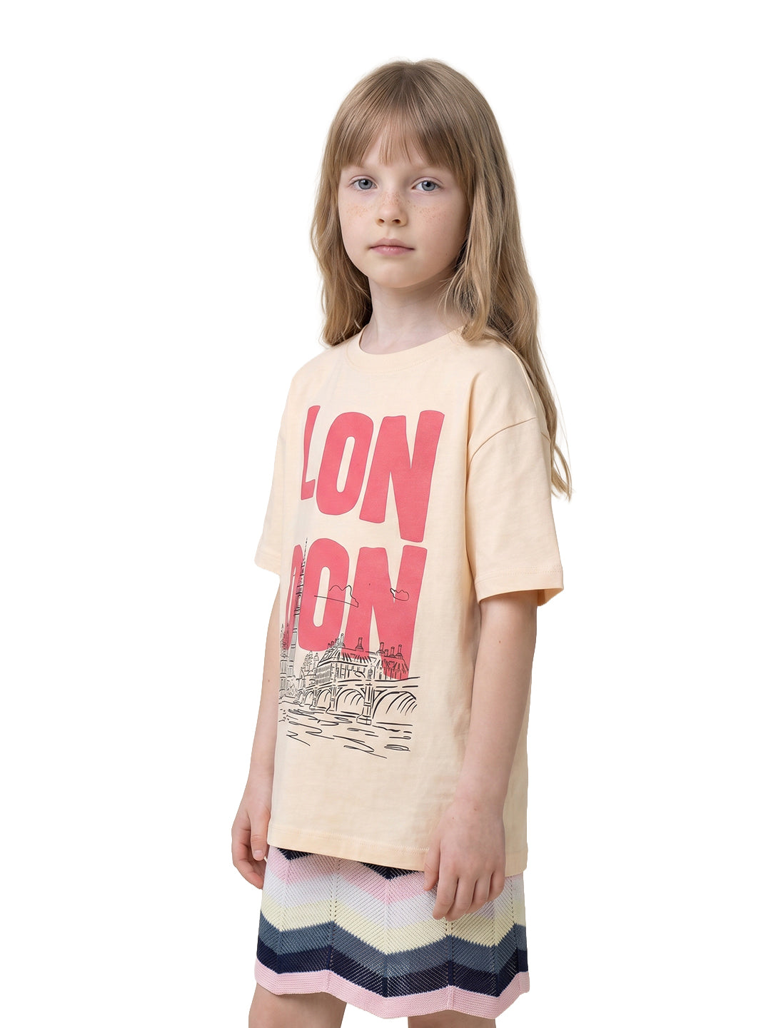 Girls Ecru Printed Regular Fit Cotton T-Shirt