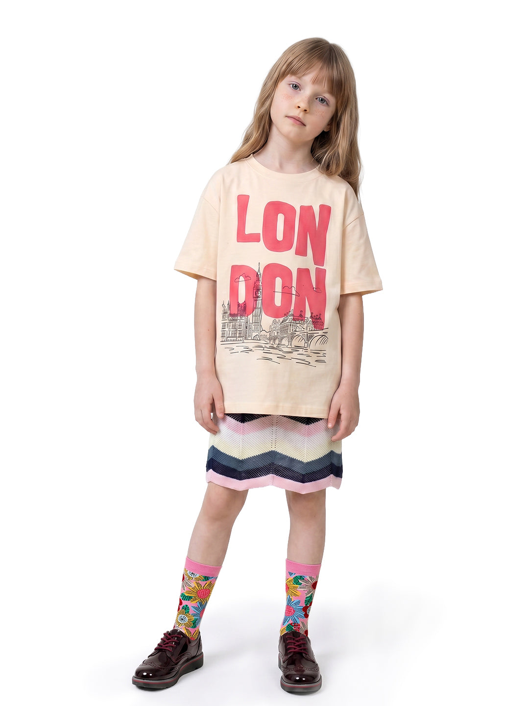 Girls Ecru Printed Regular Fit Cotton T-Shirt