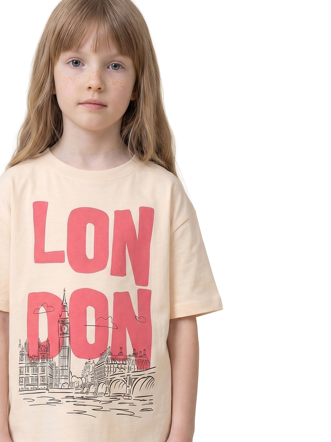 Girls Ecru Printed Regular Fit Cotton T-Shirt