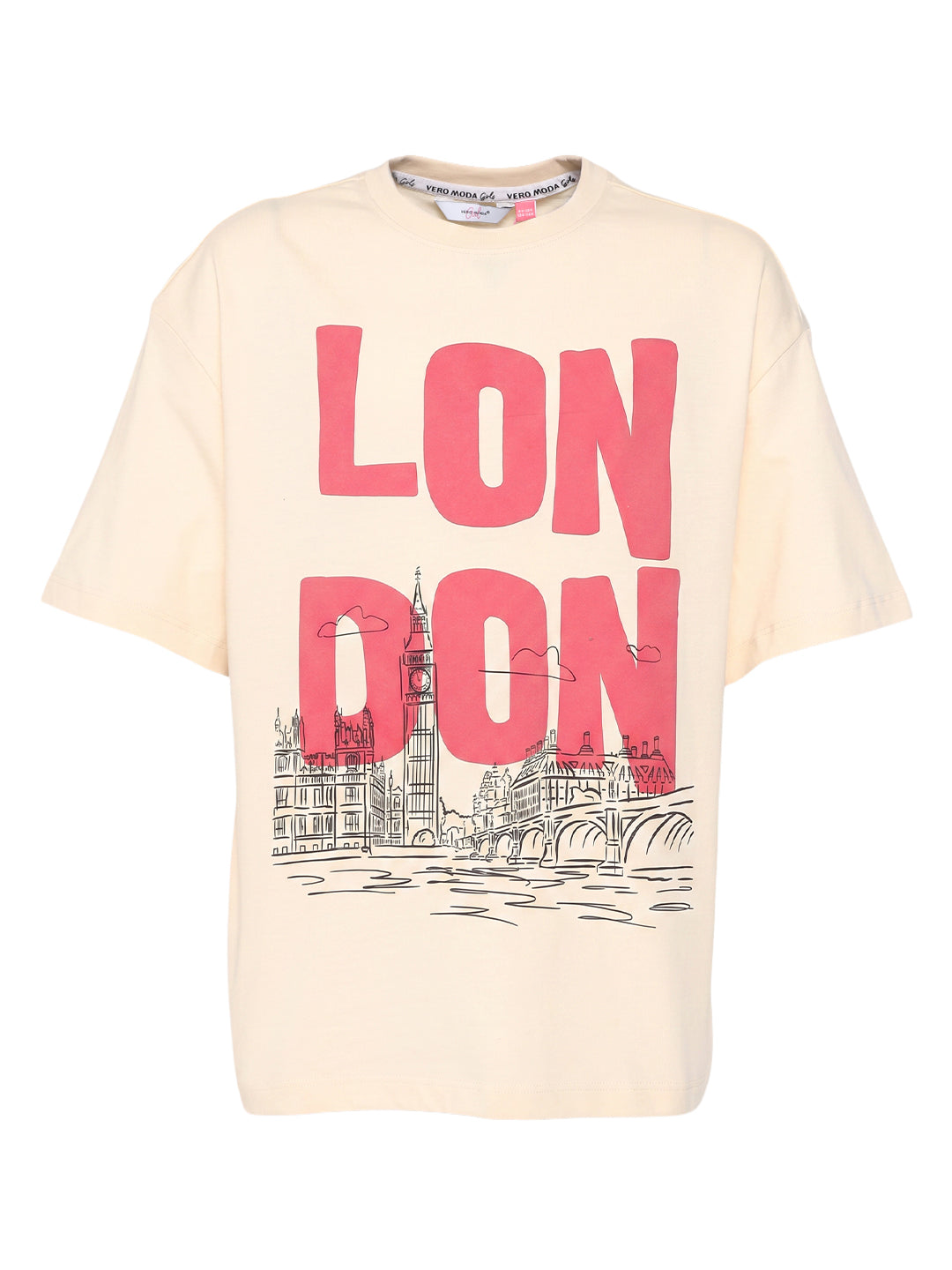 Girls Ecru Printed Regular Fit Cotton T-Shirt