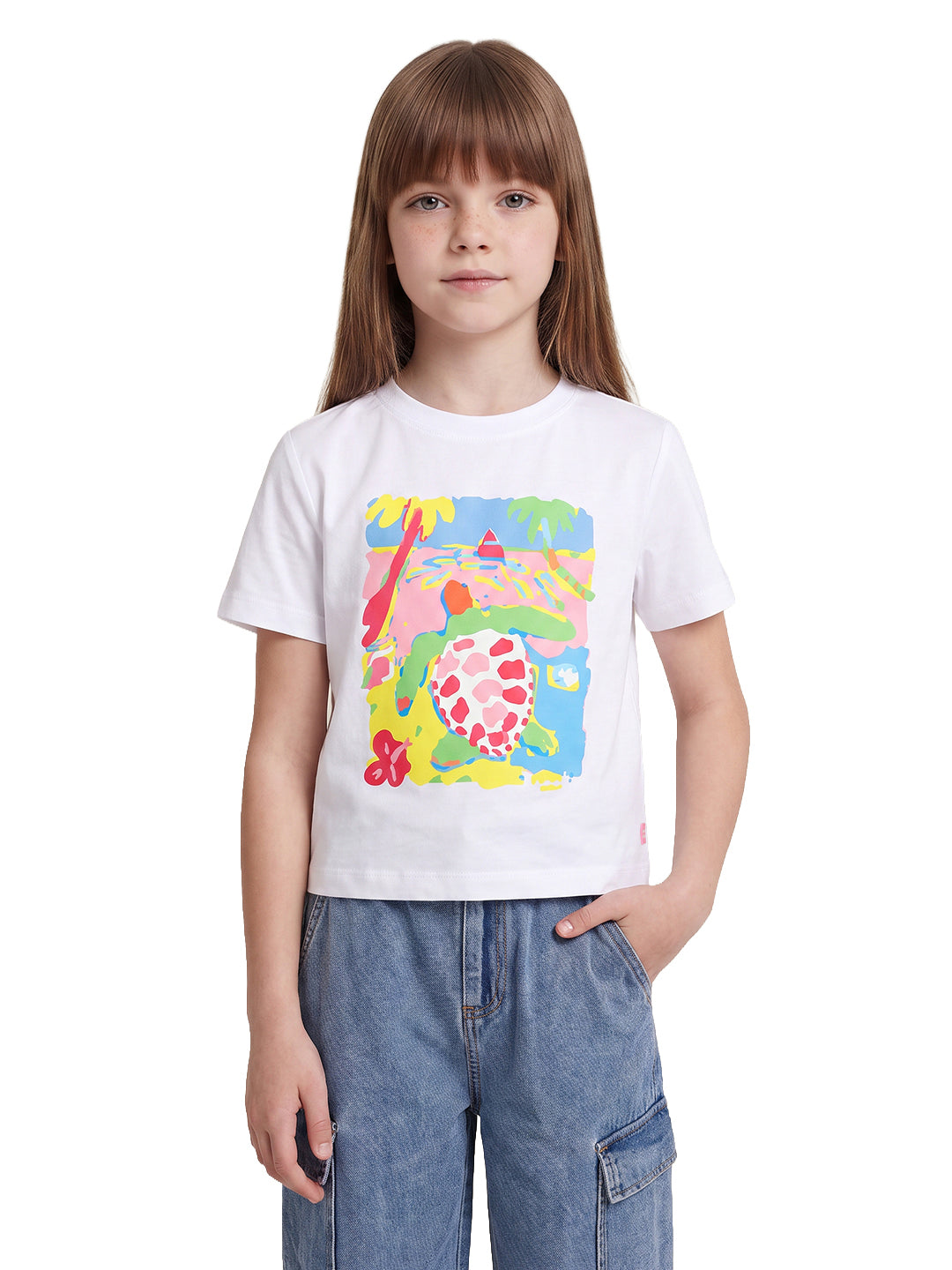 Girls Turtle White Printed Regular Fit T-Shirt