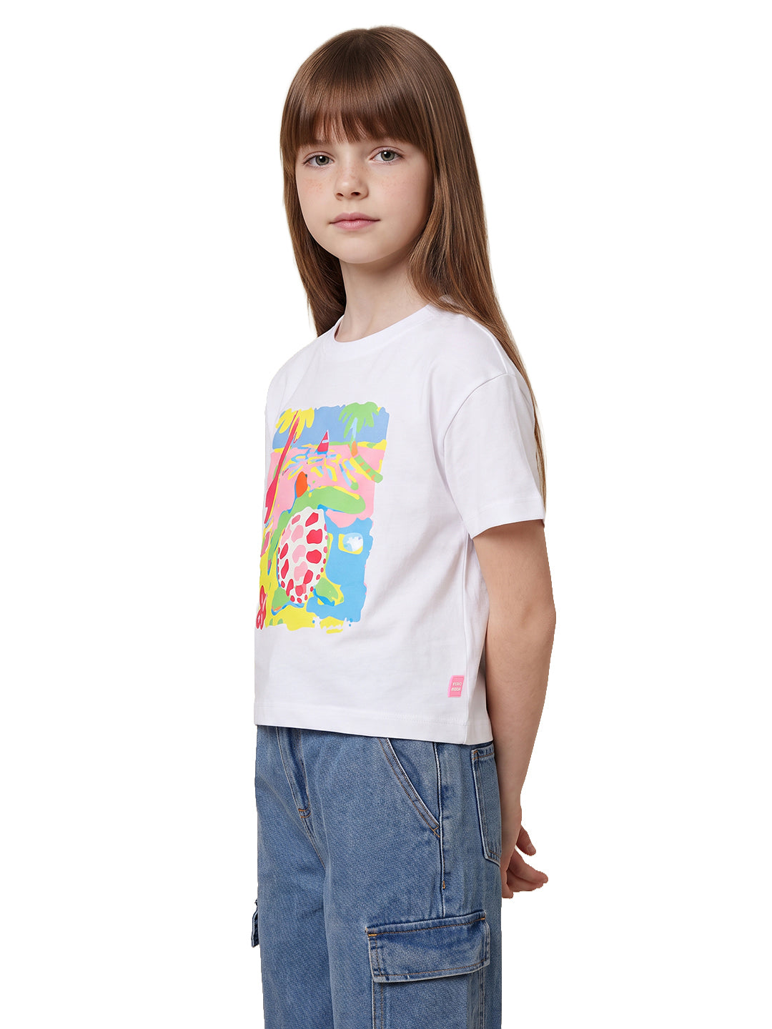 Girls Turtle White Printed Regular Fit T-Shirt