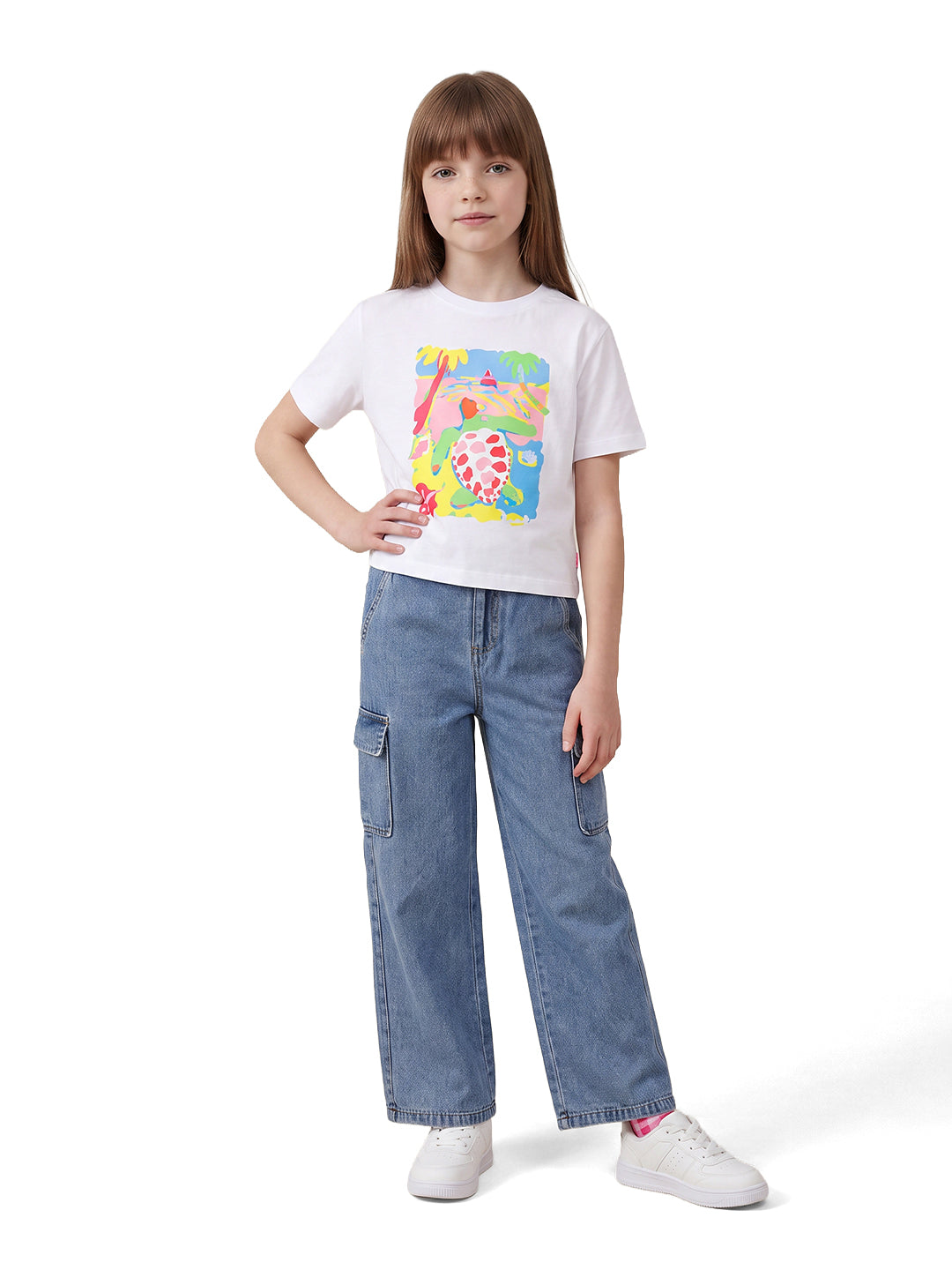 Girls Turtle White Printed Regular Fit T-Shirt
