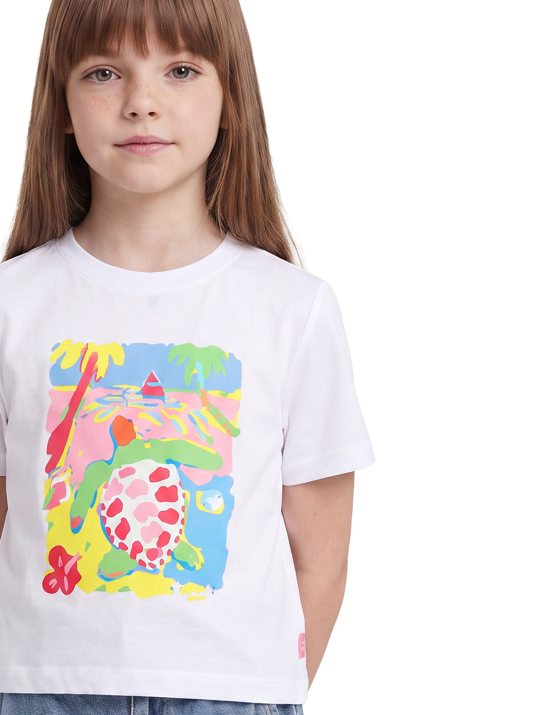 Girls Turtle White Printed Regular Fit T-Shirt