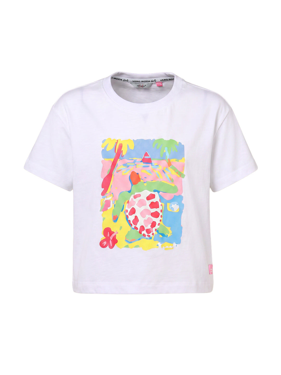Girls Turtle White Printed Regular Fit T-Shirt