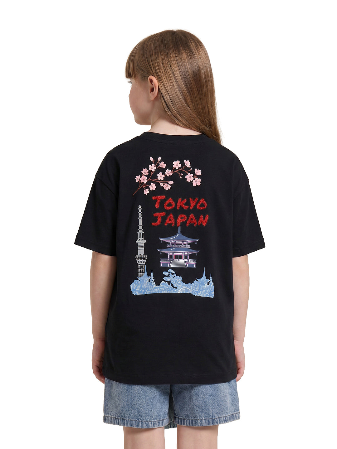Girls Tokyo Roomy Black Printed Regular Fit T-Shirt