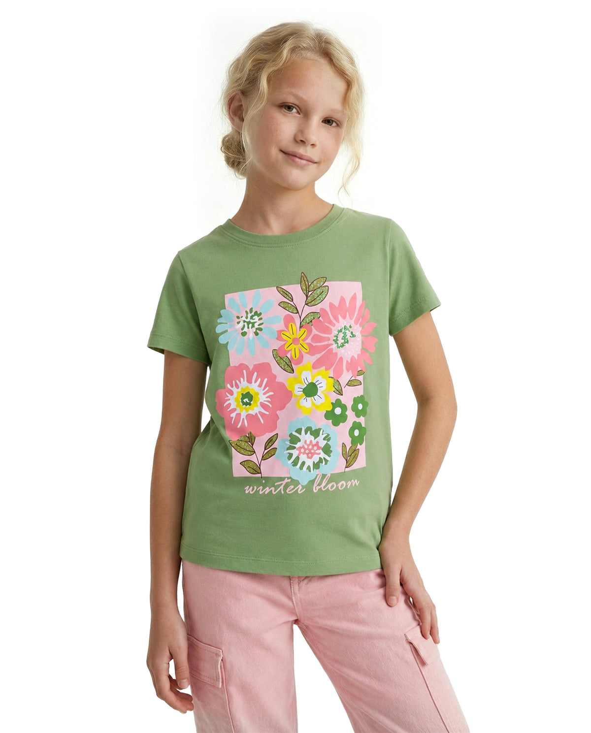 Girls Bloom Truefit Green Floral Print Regular Fit T-Shirt