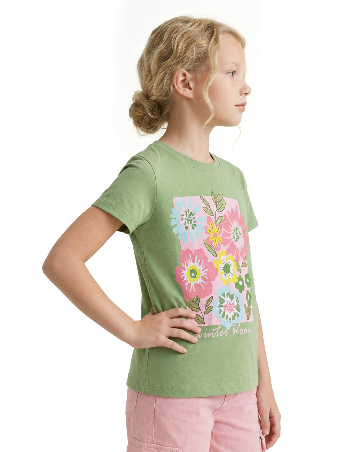 Girls Bloom Truefit Green Floral Print Regular Fit T-Shirt