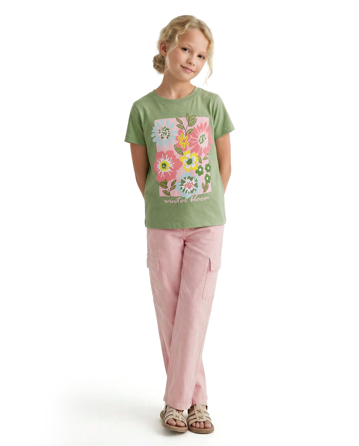 Girls Bloom Truefit Green Floral Print Regular Fit T-Shirt