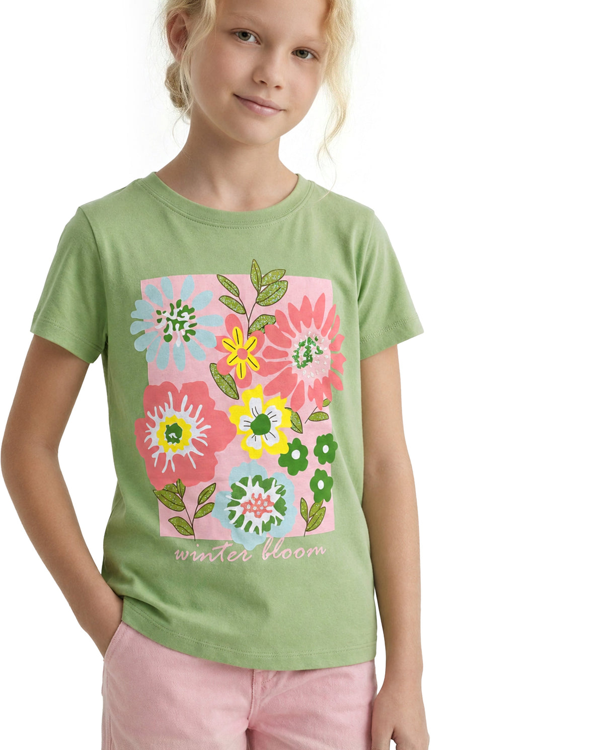 Girls Bloom Truefit Green Floral Print Regular Fit T-Shirt