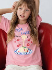 Girls Pastaclub Roomy Pink Printed Regular Fit T-Shirt