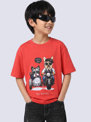 BFFS Printed T-Shirt for Boys – Red Clay Oversized Fit