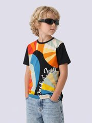 FANZY Black Abstract Print Cotton T-Shirt for Boys