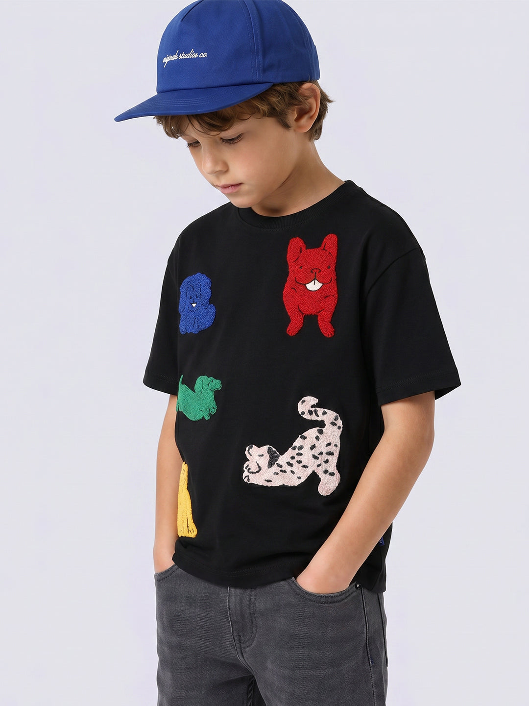 FURRY Black Bouclé Dog Appliqué Cotton T-Shirt for Boys