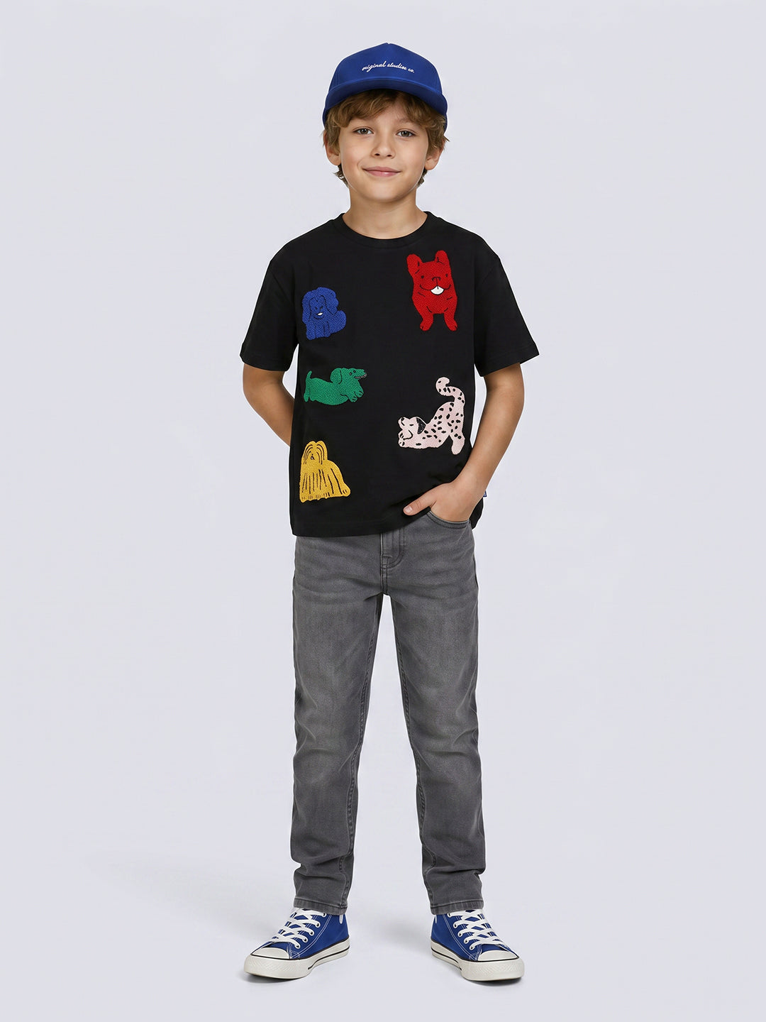 FURRY Black Bouclé Dog Appliqué Cotton T-Shirt for Boys