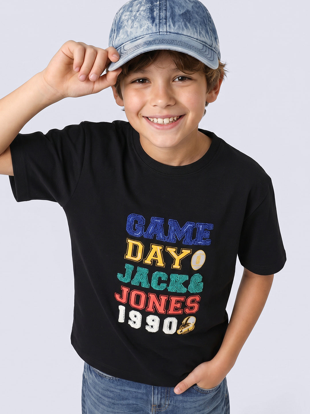 GAME DAY Black Bouclé Graphic Cotton T-Shirt for Boys