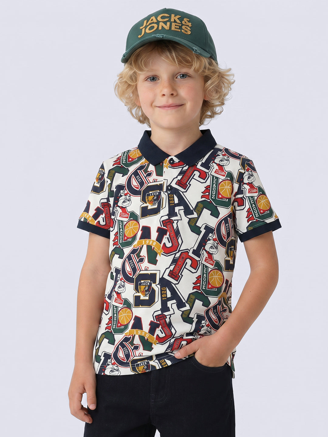 LEAGUE Off-White Varsity Print Cotton Polo T-Shirt for Boys