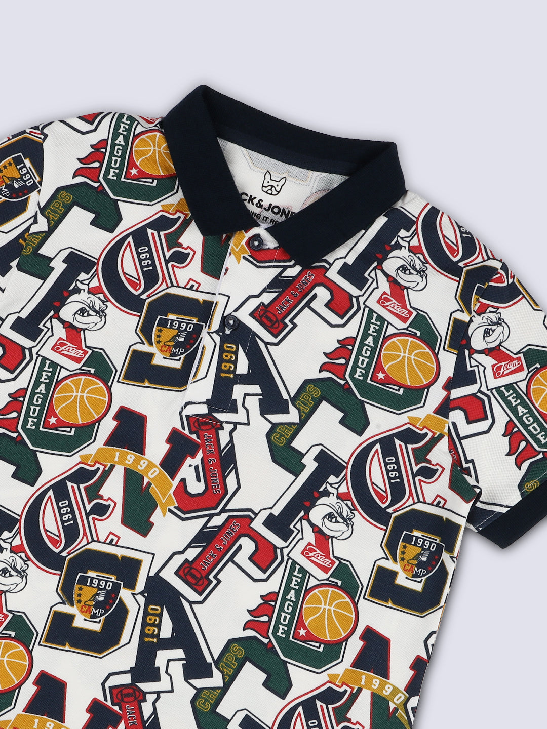 LEAGUE Off-White Varsity Print Cotton Polo T-Shirt for Boys