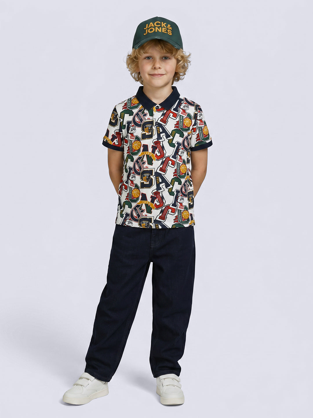 LEAGUE Off-White Varsity Print Cotton Polo T-Shirt for Boys